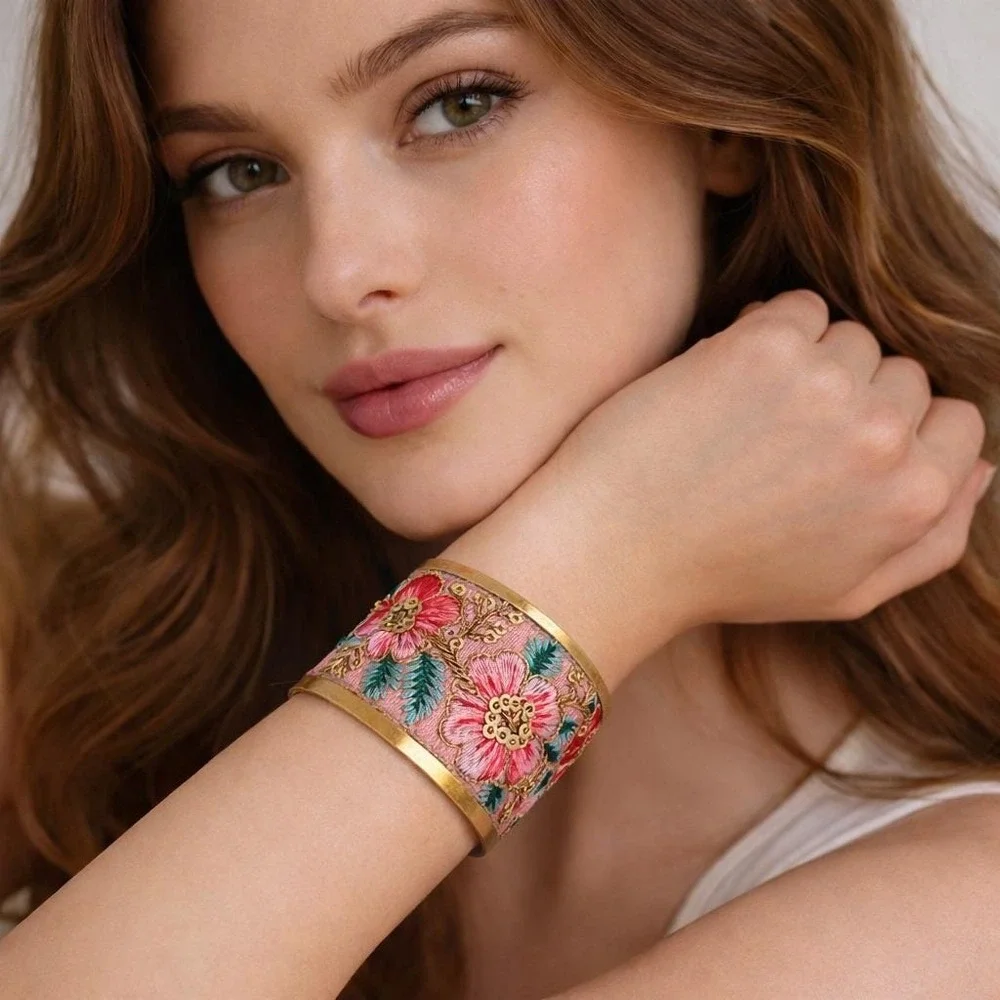 Bohemian Floral Embroidered Wide Cuff Bracelet Gold Tone Pink Sequin Statement